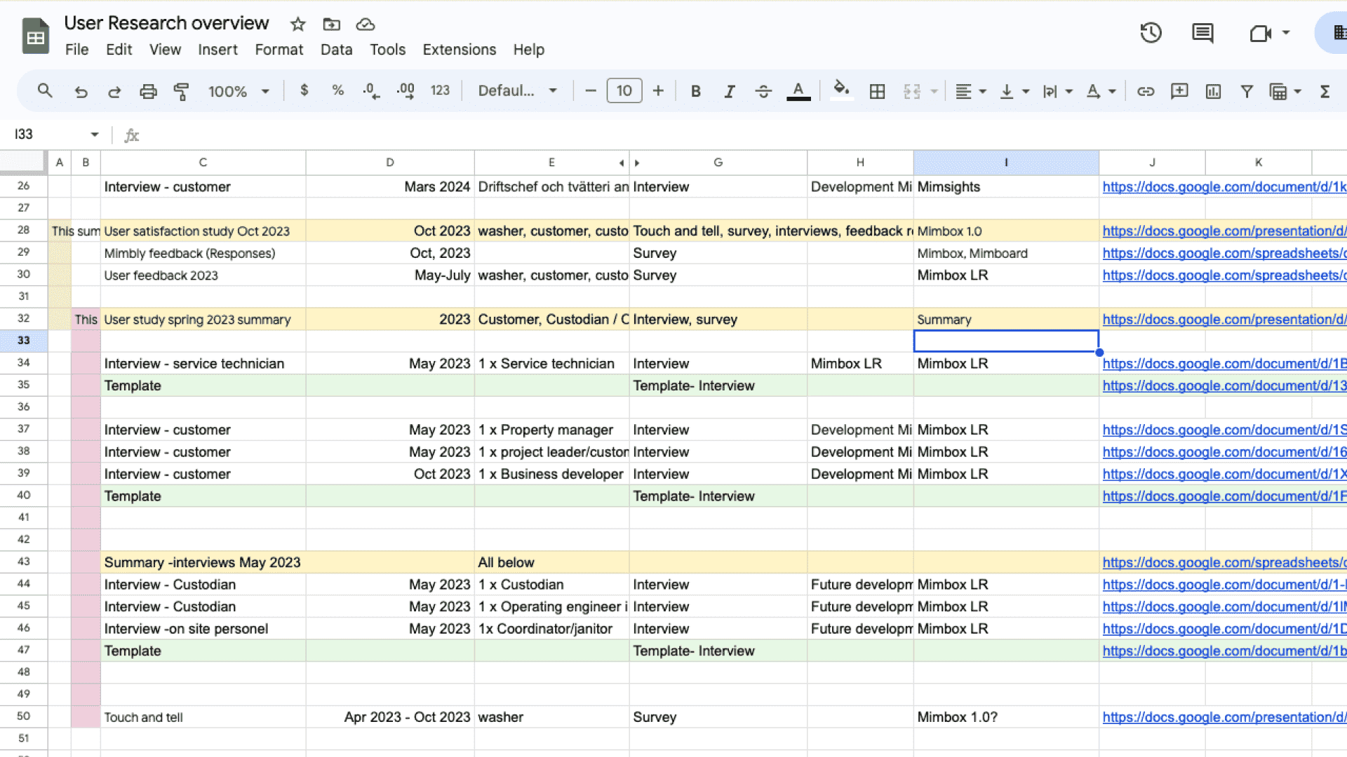 A zoomed out picture of an excel-document contains the research overview